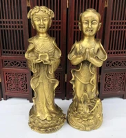 a pair seiko brass golden boy and jade girl crafts statue