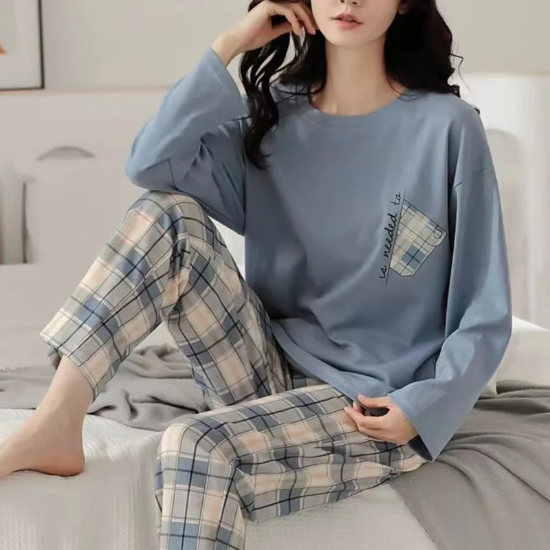 

Комплект пижамный женский из 2 предметов, хлопковая одежда для сна, пижама для отдыха на весну и осень, домашняя одежда для пар, большие размеры