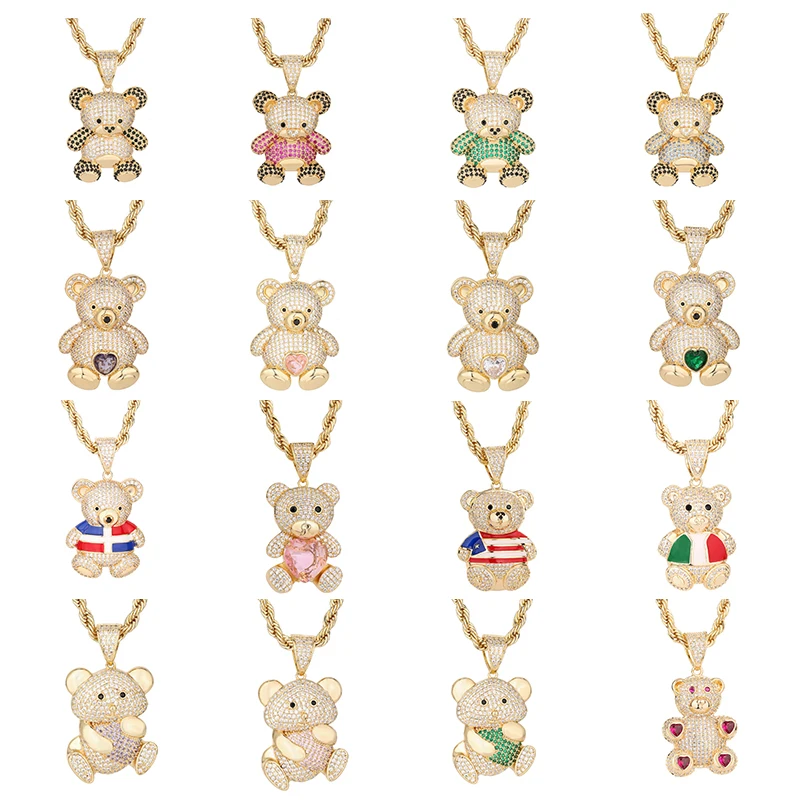 

Personalized Hip Hop 14k Gold Plated Cute Teddy Bears Multiple Colors Moissanite Copper Pendant Charm