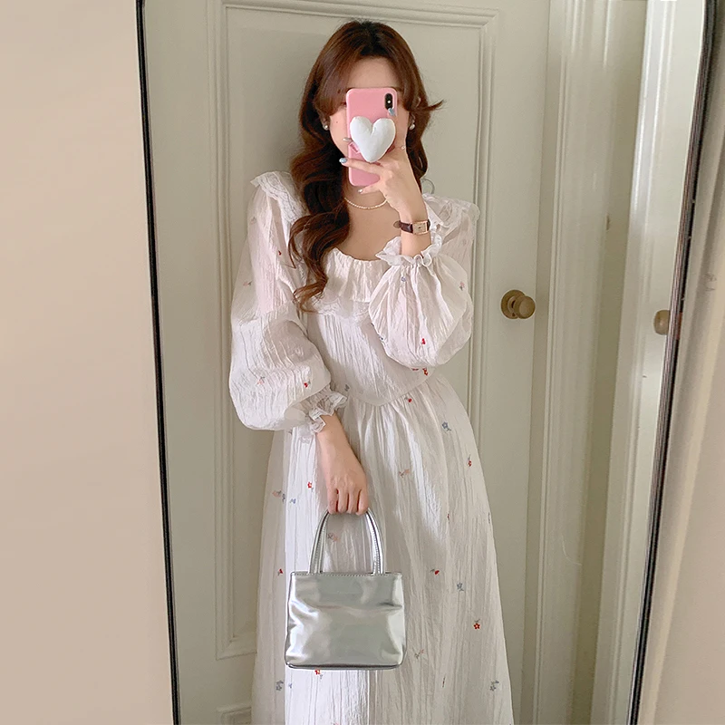 

Clothland Women Elegant Floral Embroidery Dress Ruffles Long Sleeve Two Way Wear Off Shoulder Lace Midi Dresses Vestido QC924
