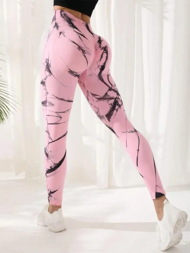 

Seamless Tie Dye Gym Pants High Waist Tummy Control Push Up Yoga Tights Elastic Sports Leggings for Women