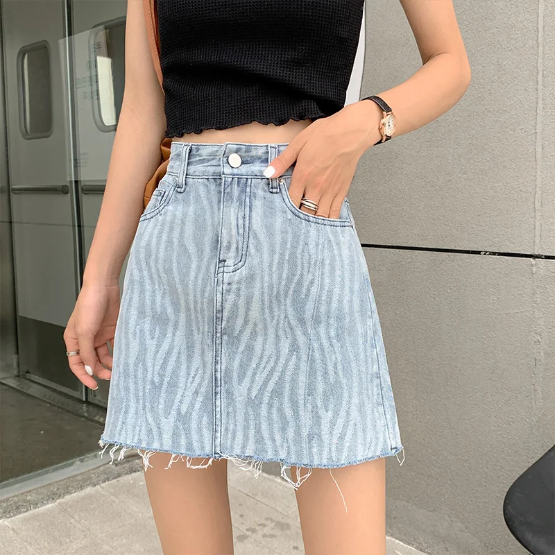 

The New Korean 2022 Women'S Spring And Summer Zebra Print Denim Skirt Is Thin, Hip Wrapped And High Waist A-Shaped