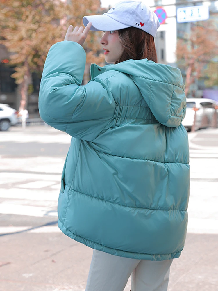 Hooded Women WInter Padded Parka Solid Blue Pink White Female Warm Korean Style Oversized Loose Coat Short Jacket Puffer