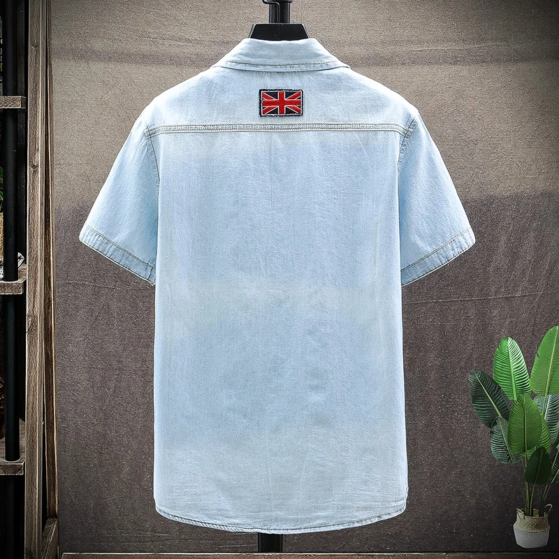 New vintage men's fashion American Flag denim shirt short sleeve light blue jeans shirt free shipping Top quality