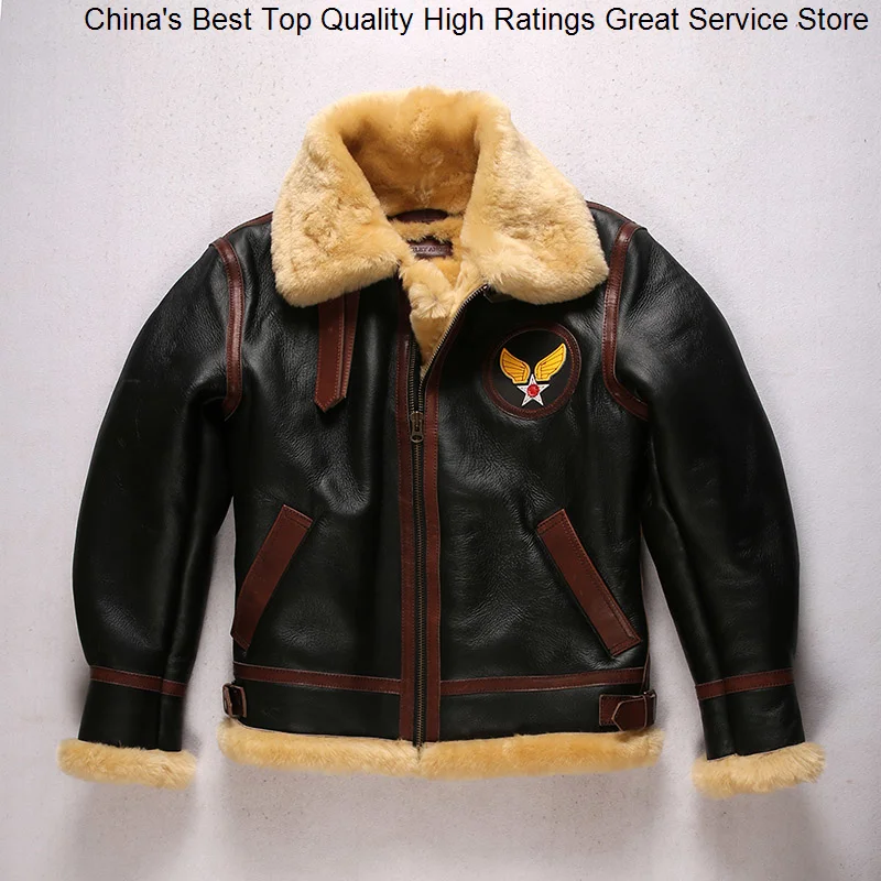 

super warm top sheepskin brand for men large size B3 shearling bomber wool collar coat vintage male military jacket