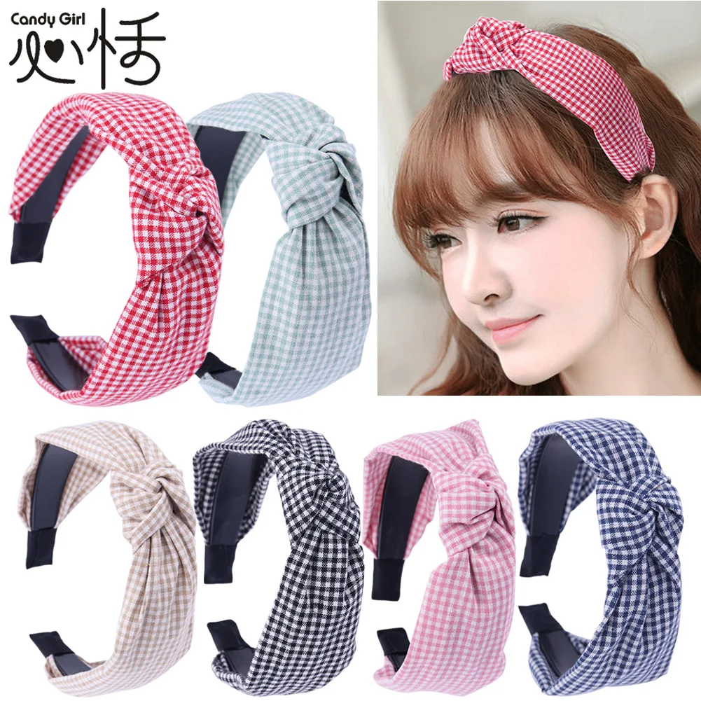 

Korean Wide Top Knot Plaid Headbands Solid Bow Knot Hairbands Wash Face Skincare Hair Hoops for Women Girls Hair Accessories