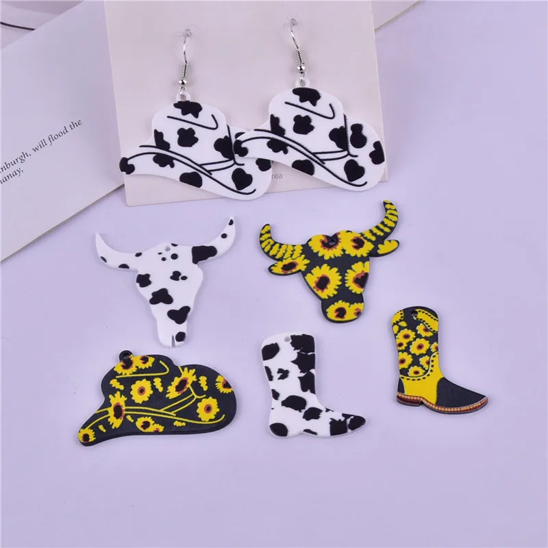 

New style 50pcs/lot flowers pattern print cartoon hat/Boots/cow heads shape acrylic beads diy jewerly earring accessory