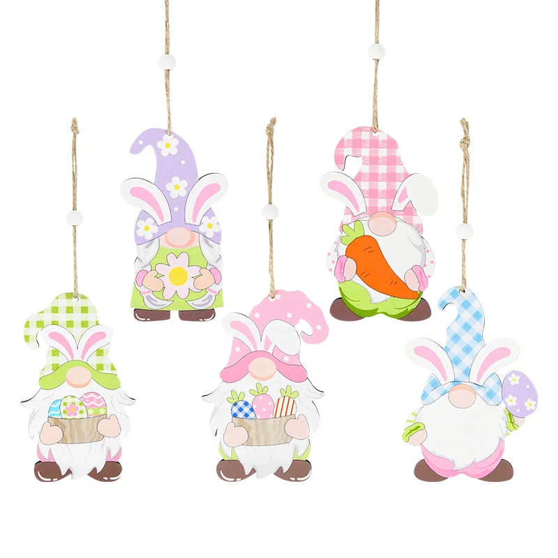 

1p Easter Wooden Cartoon Rabbit Ears Faceless Male Pendant Colorful Happy Easter Door Hanging Holiday Party Home Decor Kids Gift