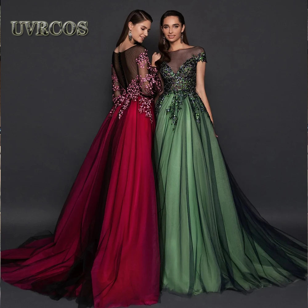 

UVRCOS Charming Flowers Evening Dress Prom Puffy Sleeves Women Pleat Lace Appliques Saudi Arabric Robes De Soirée Custom Made