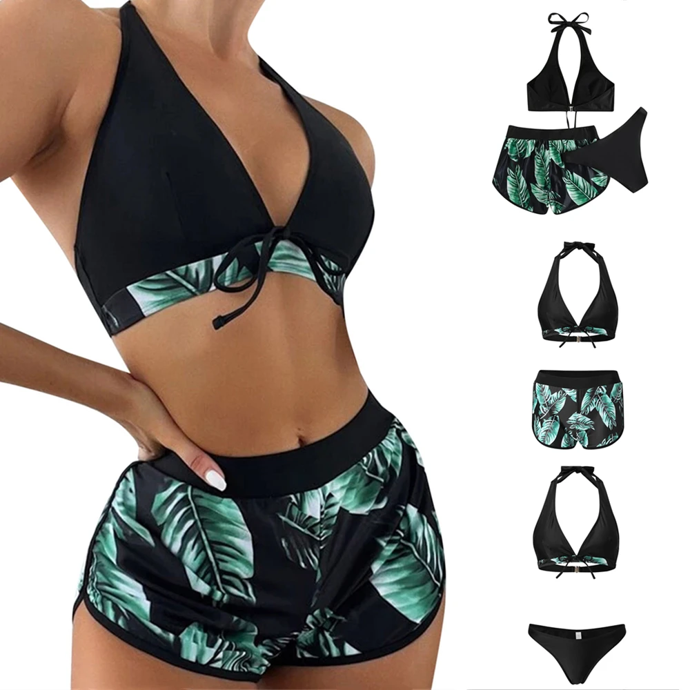 

3 шт./компл., женские купальные костюмы с принтом листьев и плавками