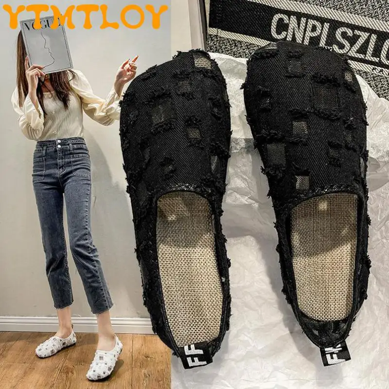 

Net Celebrity Beggar Hole Canvas Peas Shoes Women's 2021 Early Autumn New Breathable Lazy One-step Soft-soled Single Shoes Tide