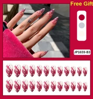 24pcsset fake nails press on faux ongles reutilisable french long pointed tips red flame design manicure false acrylic nail kit