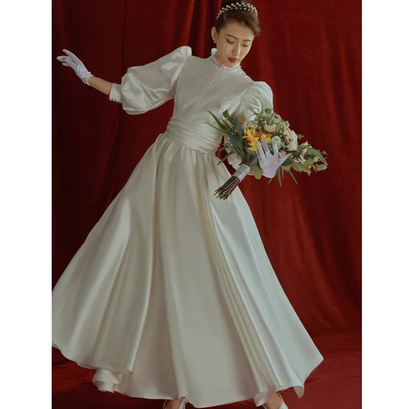 

2022 New A-Line Puff Sleeves Bride Dresses High Neck Satin Wedding Dress 웨딩드레스 Vintage Simple Robe De Mariée Gown Bridal
