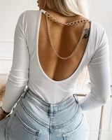 sexy hollow out backless long sleeve chain top casual white office lady tops 2022 spring summer fashion new o neck slim tee