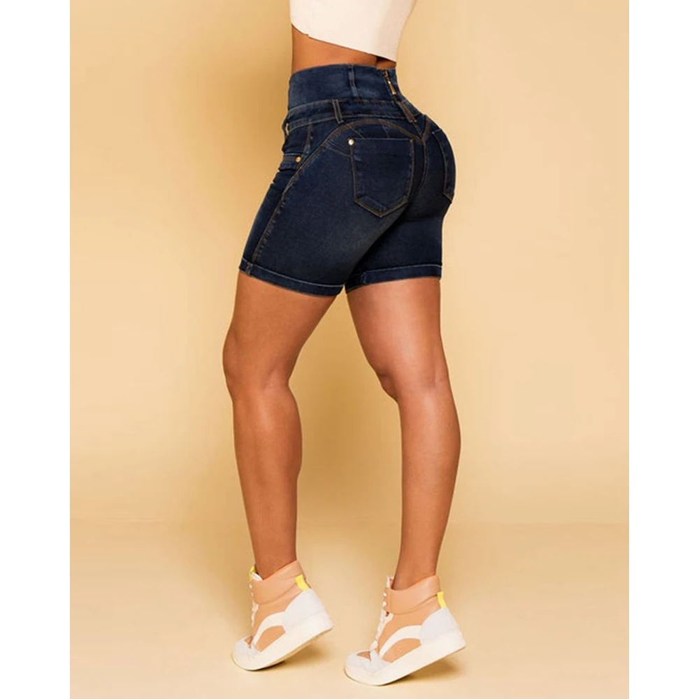Summer Women High Waist Pocket Design Denim Casual Cuffed Shorts High Waist Skinny Hot Pants Fashion Jeans Short Mujer Jeans