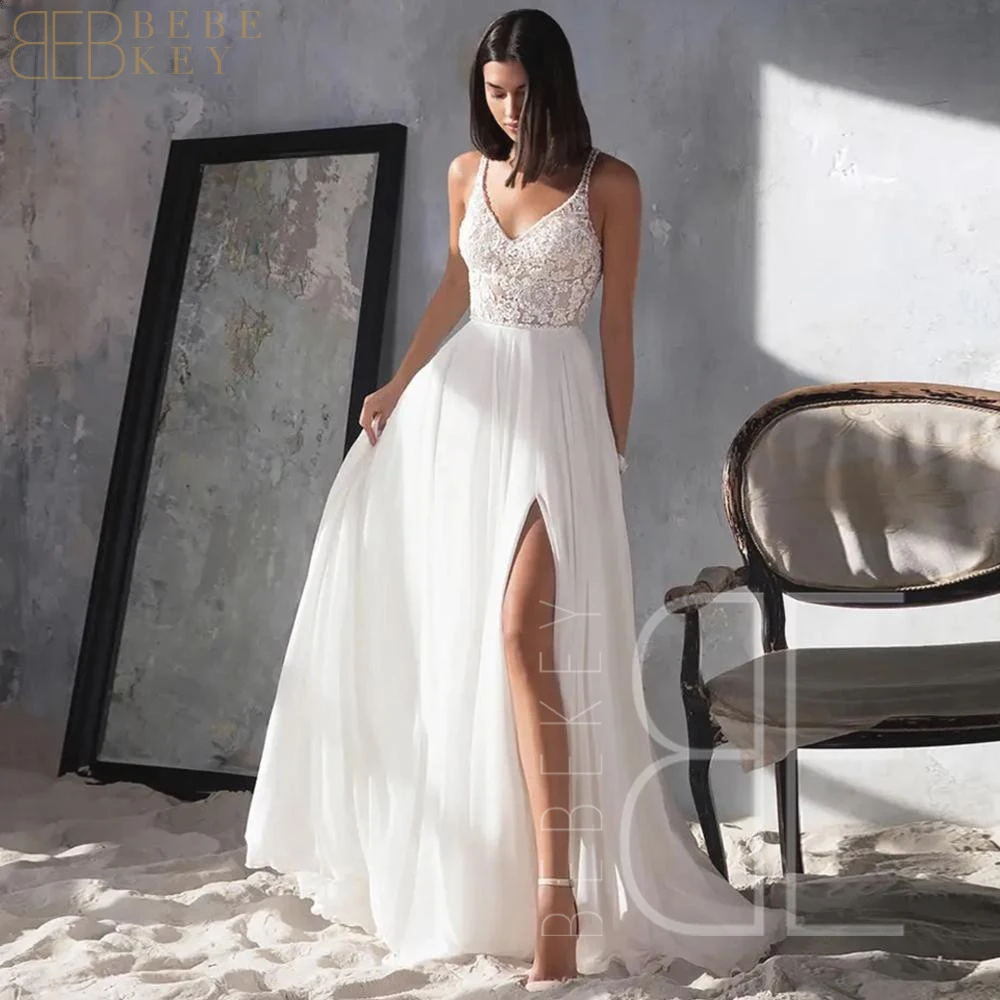 

White Chiffon Long Dress Spaghetti Straps Large Size Wedding Dresses for Woman Side Split Elegant and Pretty Women's Dresses