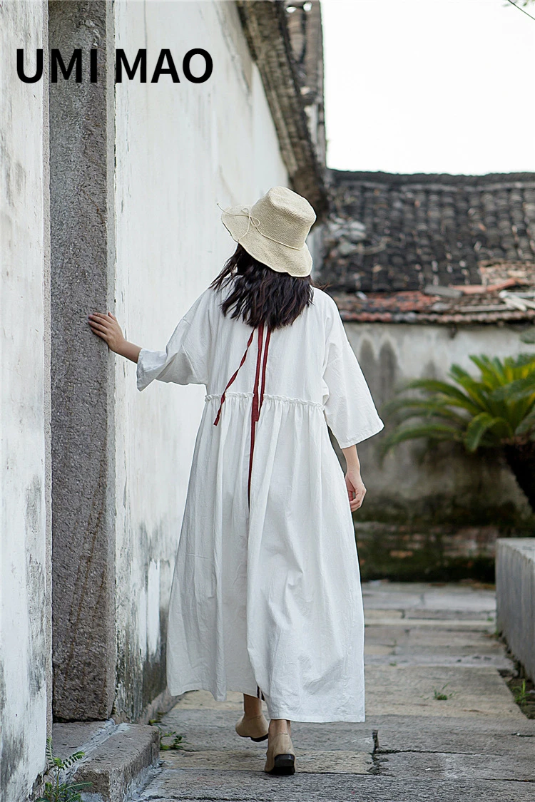 

UMI MAO Spring Autumn Streetwear Stitching Contrast Color Sand-washed Cotton Linen Robe Women Dress Elegant Femme Chinese Style