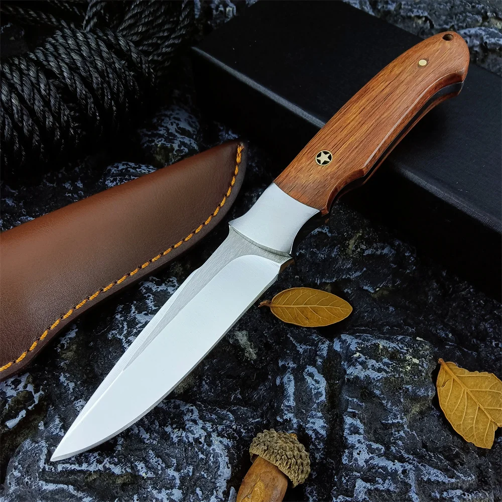 

High Quality Stainless Steel Knife Yellow Wood Handle Fixed Blade Knife Outdoor Camping Survival Tactic Straight Knife EDC Tool