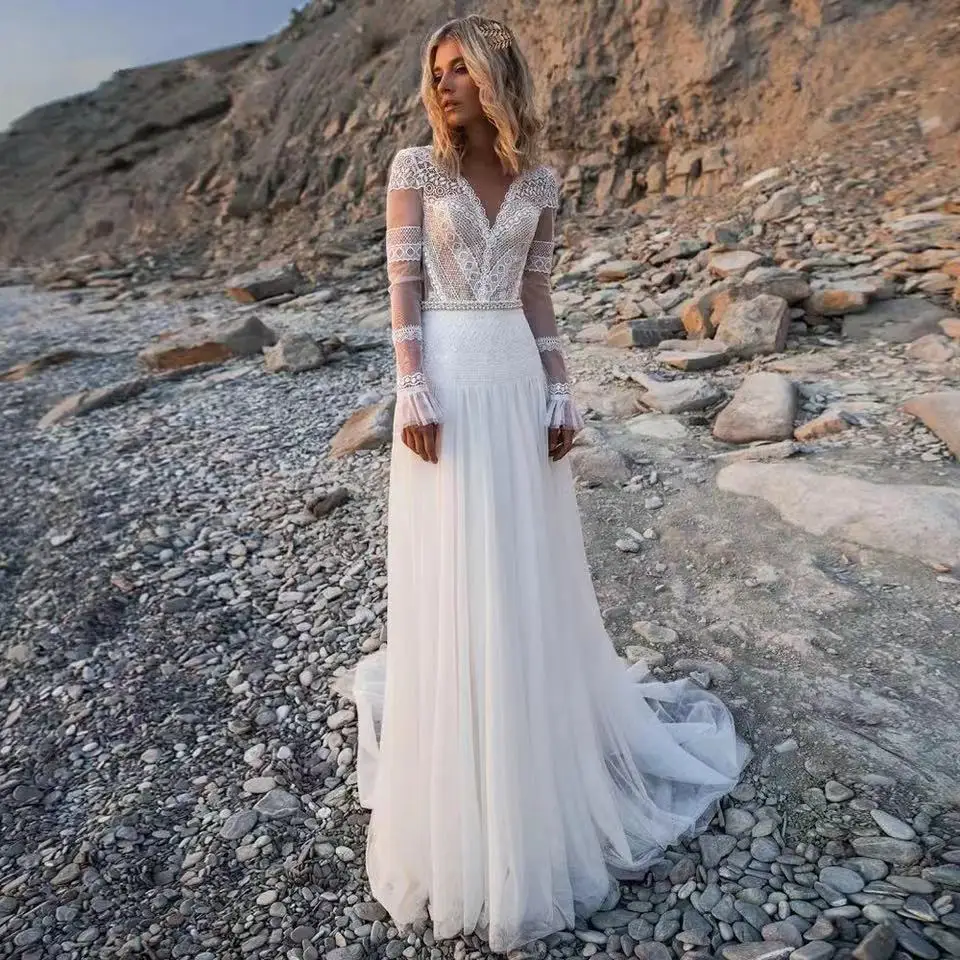 

Long Sleeve Beach V Neckline Illusion Button Back Lace Tulle A-Line Wedding Dress Bridal Wedding Gown Brides Dress vestido noiva