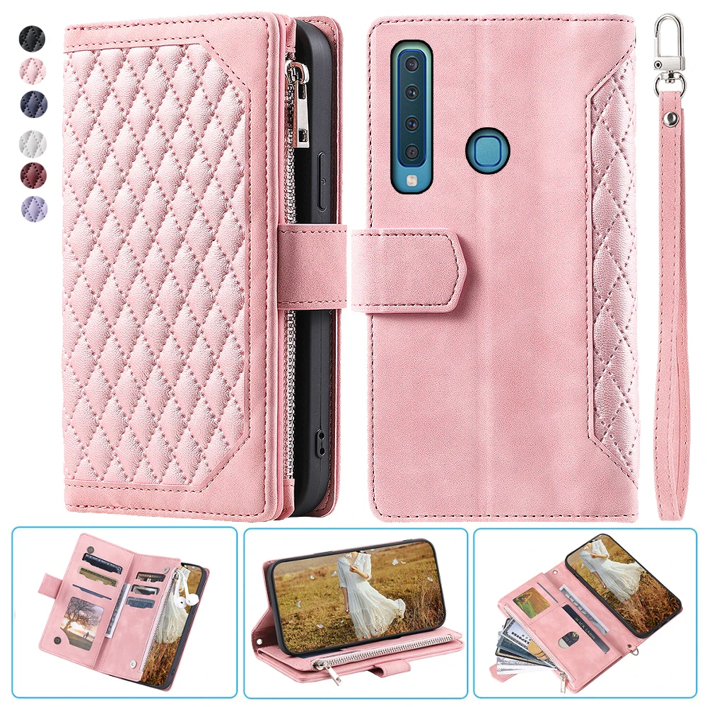 

For Samsung A9 2018 Fashion Small Fragrance Zipper Wallet Leather Case Flip Cover Multi Card Slots Cover Folio with Wrist Strap