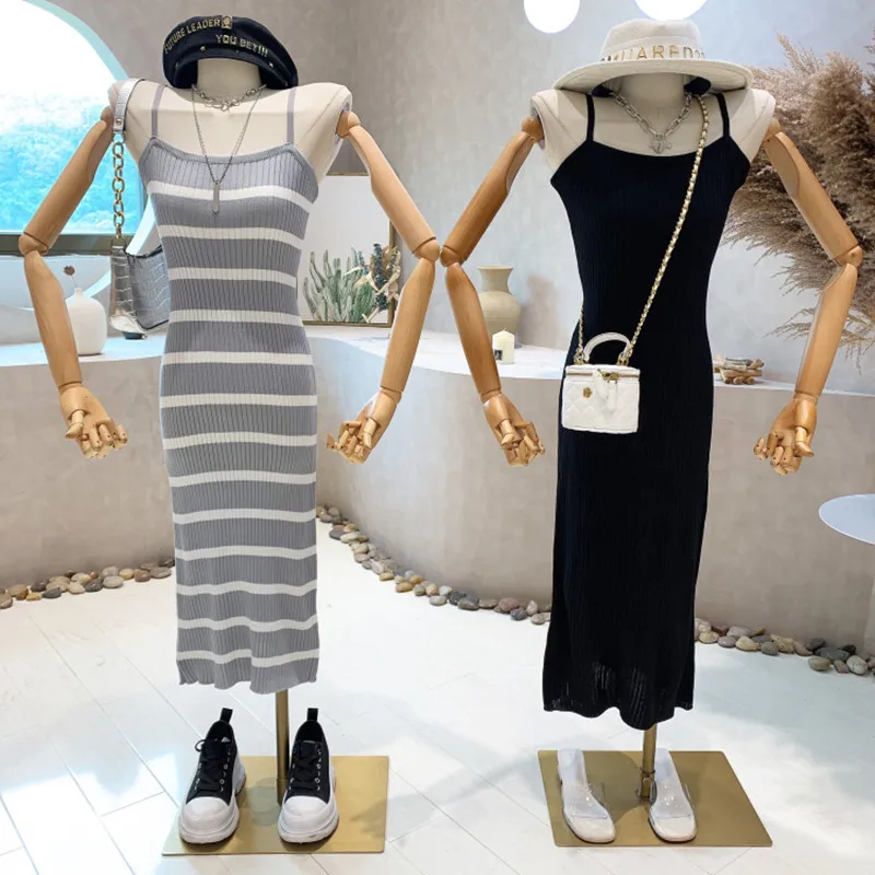 

Niche Design New Women's Clothing 2022 Summer Slim Sleeveless Striped Knitted Suspender Long Dress Vestido Elegantes Para Mujer