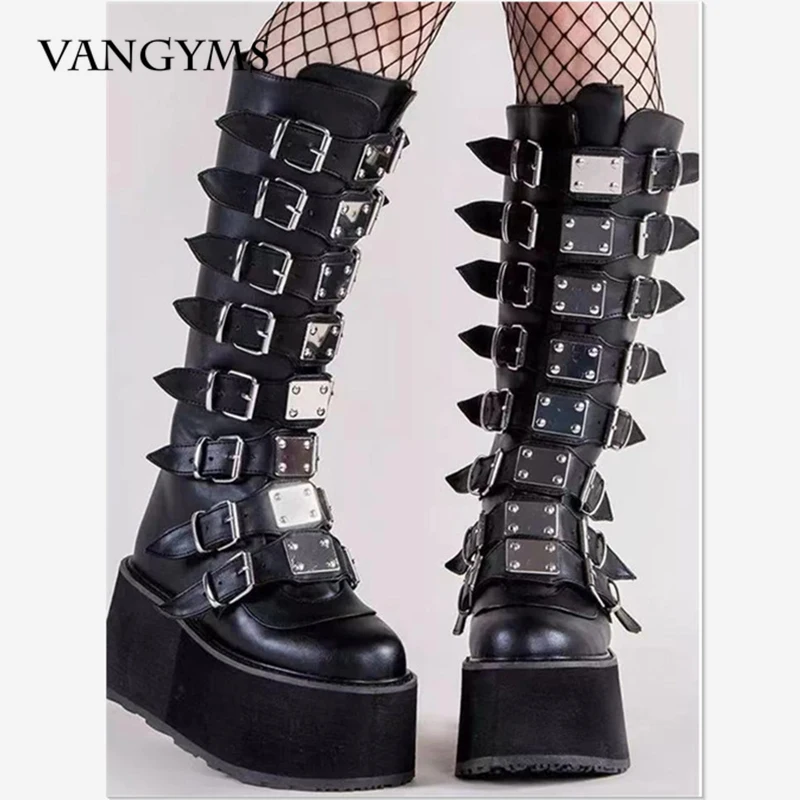 

New Leather Women Modern Boots Gothic Style Cool Punk Motorcycles Females Boot Platform Wedges High Heels Calf Women's Boots