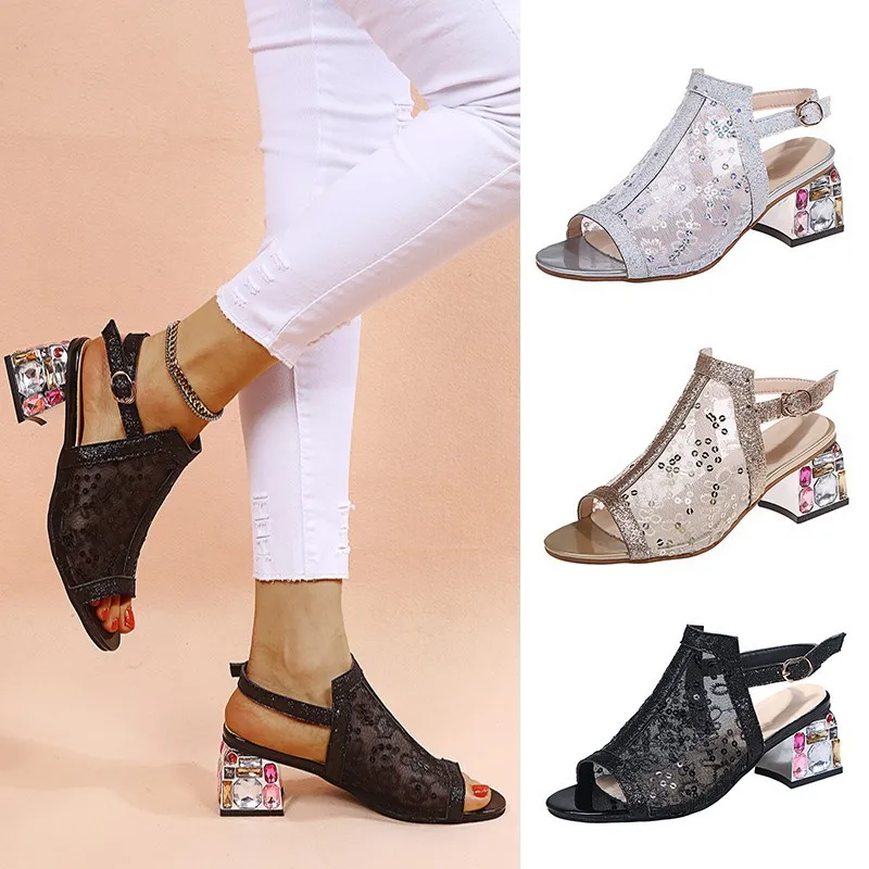 High Heels Gladiator Sandals Woman Open Head Sexy Black Rivet Block Heel Platform Shoes Summer BuckleSize 35-43 Women Sandals