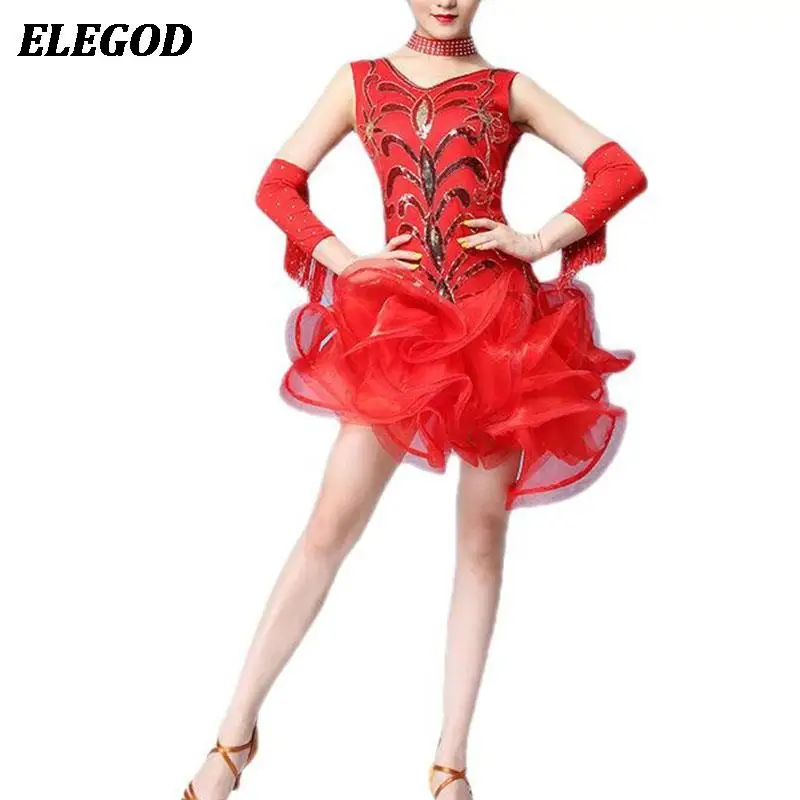 

2023 Ladies Girls Latin Dance Dress with Necklace Women Dazzling Dance Salsa Samba Clothes Adults Tassel Tango Dresses Costumes