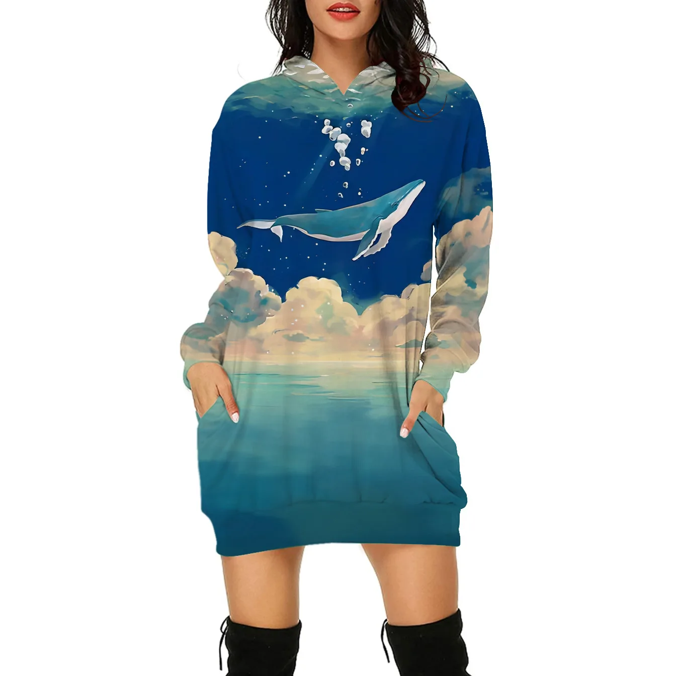 

Женский свитер средней длины, приталенный свитер с капюшоном и цифровым принтом серии Ocean, весна-осень 2023