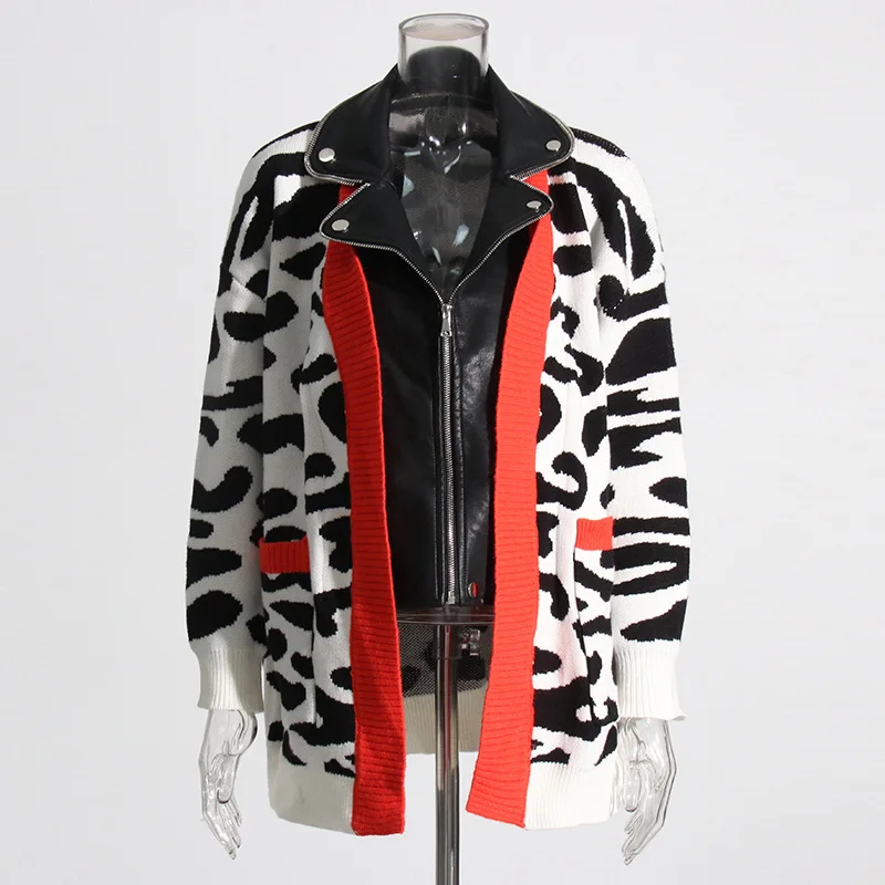 SuperAen Leopard Knit Sweater Autumn Winter 2022 New Loose Splicing PU Leather Long Cardigan Coat