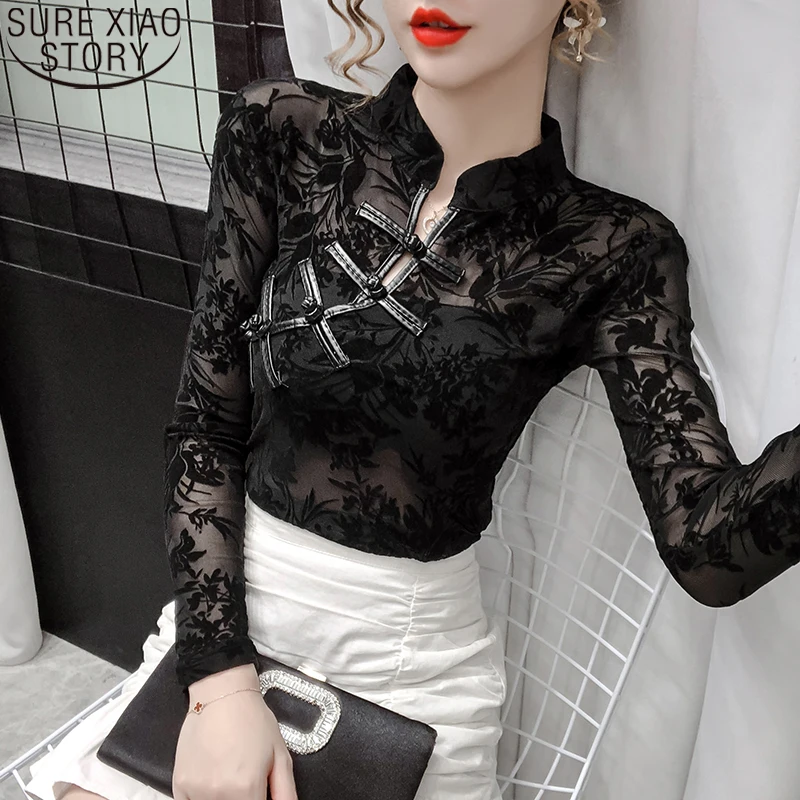 

Сексуальная кружевная блузка, женская прозрачная сетчатая рубашка, Ажурные топы, винтажная блузка с цветочным принтом, осенняя Удлиненная ...