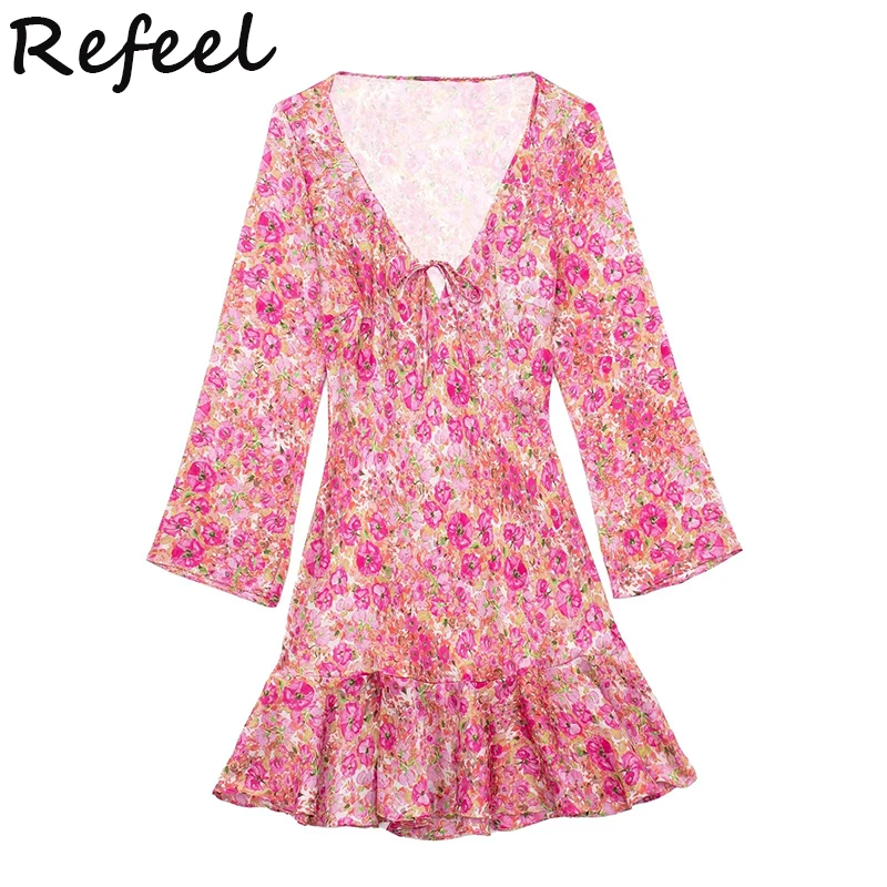 

Refeel Women Summer Mini Dress Floral Print Elegant A-Line Long Sleeves Thin V Neck Beach Casual Ruffles Sweet Mujer Vestidos