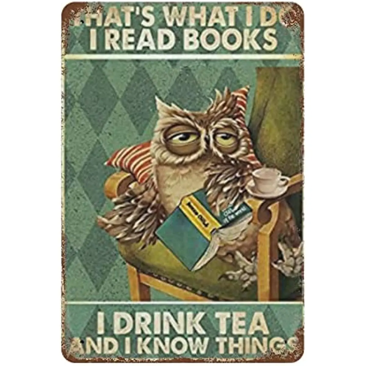 

Вот что я делаю, я читаю книги, я пью чай и знаю вещи, сова на День святого Валентина, ретро металлический жестяной знак, винтажный домашний декор для стен