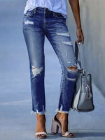 springsummer 2022 washed old tassel jeans womens mid waist solid color slim fit slim high elastic pencil pants women jeans