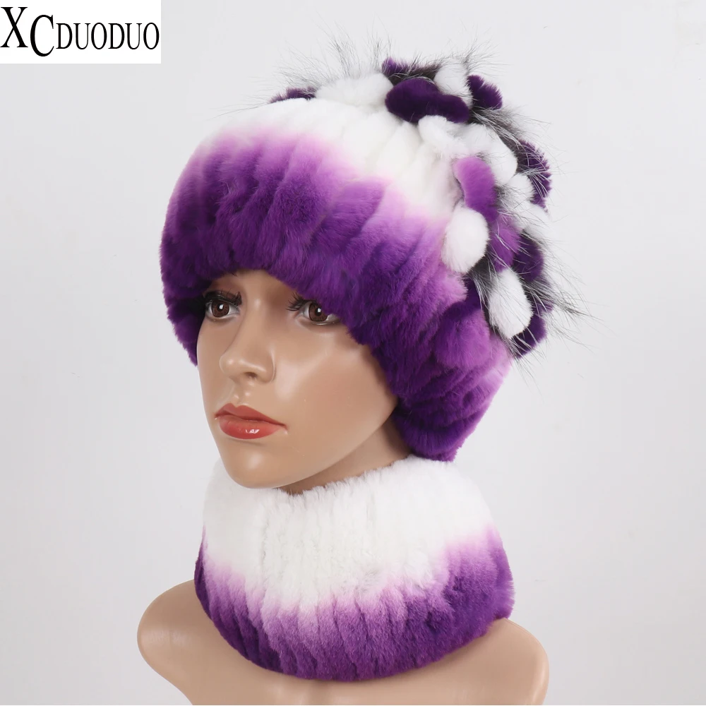 

New Arrival Fashion Women Real Fur Scarves Hats Sets Ladies Winter Warm Real Rex Rabbit Fur Scarf Hat Knitted Fur Muffles Caps