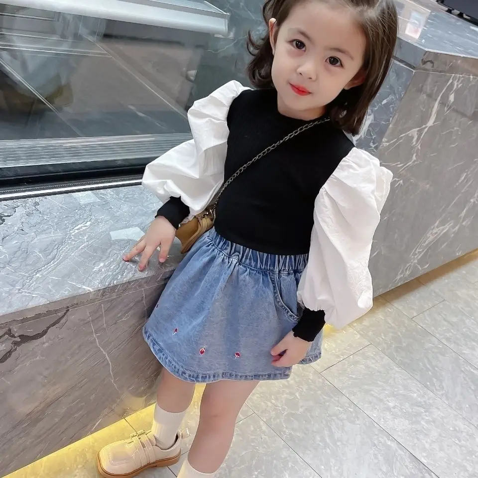 

0-7Y Girls T-shirt Spring and Autumn New Children's Puff Sleeve Bottoming Shirt Girl Baby Long Sleeve Top Tees