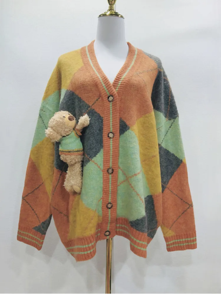 [ZOCI] Белый олень того же цвета ромбовидная сетка 3D медведь вязаный кардиган