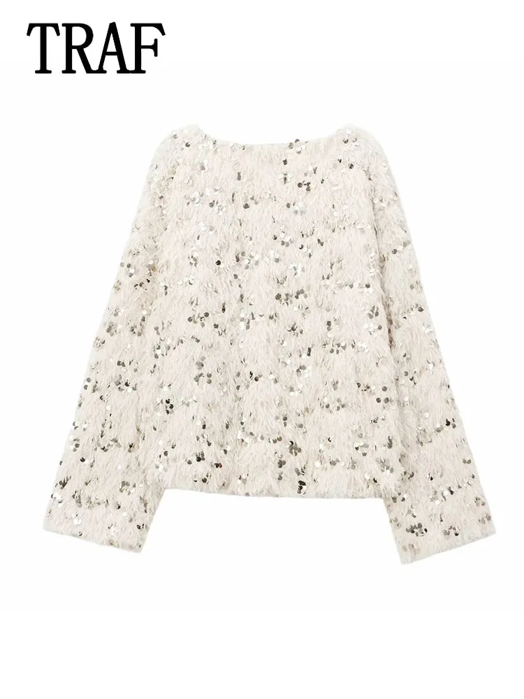 TRAF женский свитер пуловеры элегантный с перьями и блестками 2024 осень-зима