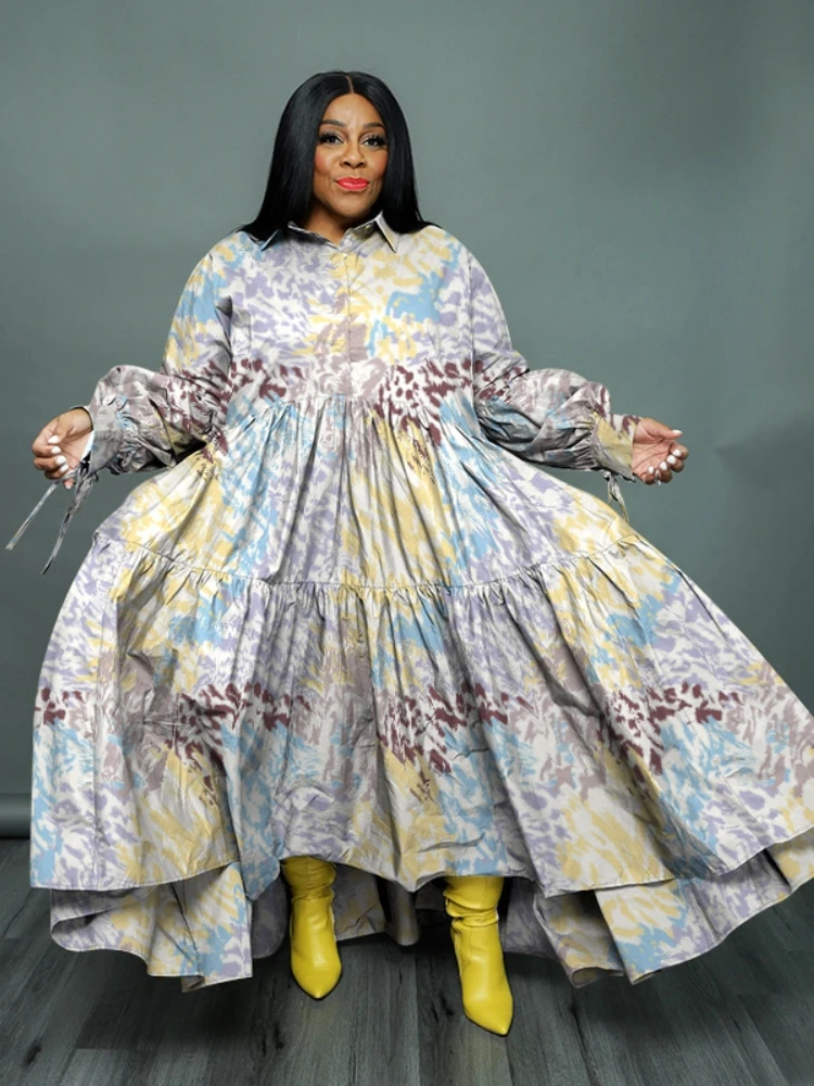 L-5XL Plus Size Blouse Maxi Dress For Women Summer 2023 Print Long Sleeve Casual Loose Party Dresses Robe Grande Taille Vestidos