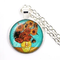 retro van gogh art starry night sunflower necklace 25mm glass cabochon dome silver plated pendant necklace for women girls gift