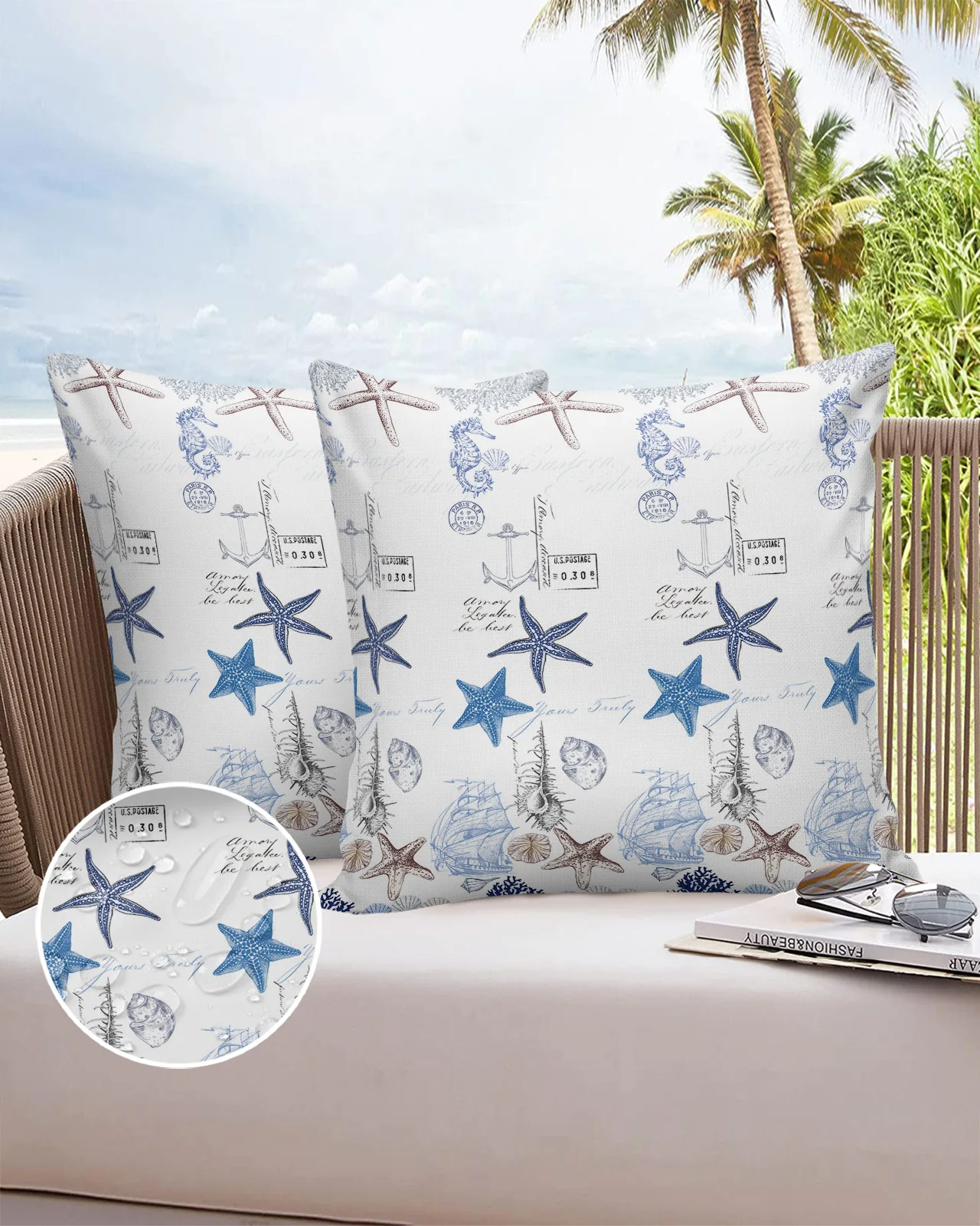 Marine Texture Seashells Starfish Seahorse Sofa Cushions Cas