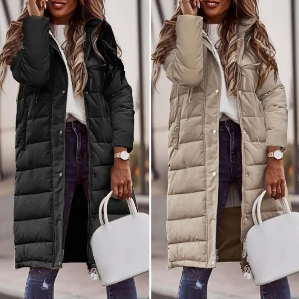 Long Sleeve Pockets Buttons Zipper Placket Thickened Striped Quilted Women Coat Winter Solid Color Hooded Mid-length Down Jacket