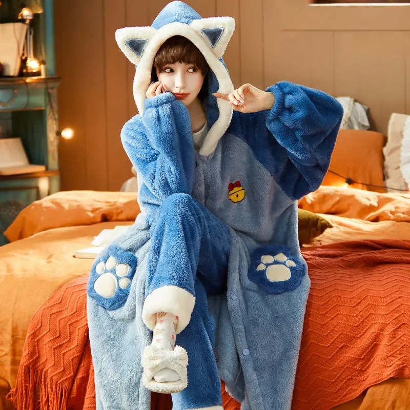Women Pajama Sets Winter Flannel Cartoon Warm Pyjamas Animal Sleepwear Cat Cute Female Fashion Homewear Loose Pyjamas Suit