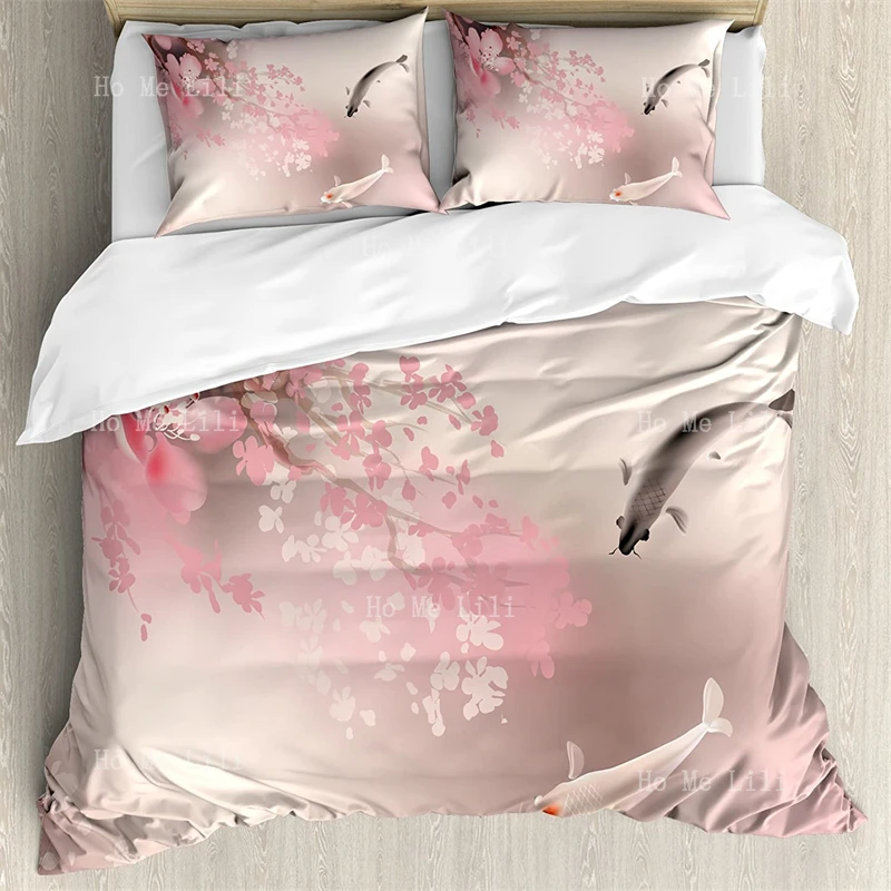

Koi Fish Duvet Cover Sakura Blossom In Japan With Creature Culture Nature Decorative Bedding Set With Pillow Shams
