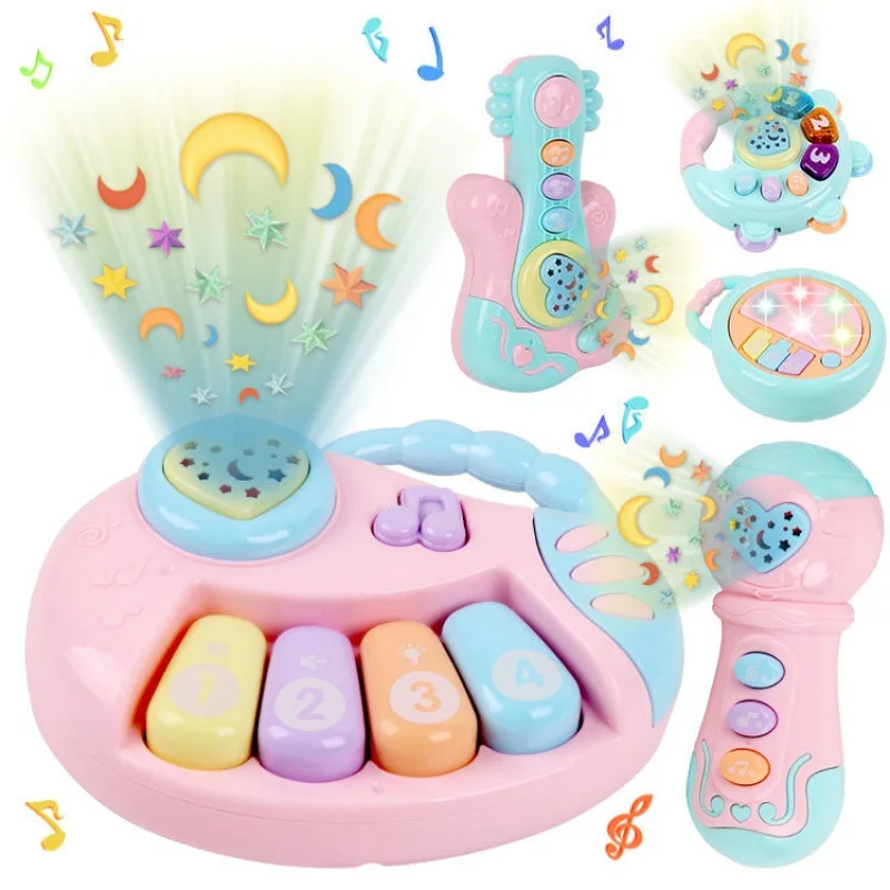 

Montessori Kids Music Instruments Toys With Music Light Projector Hand Bell Piano Drum Novel Baby Educational Toy Gifts for Girl