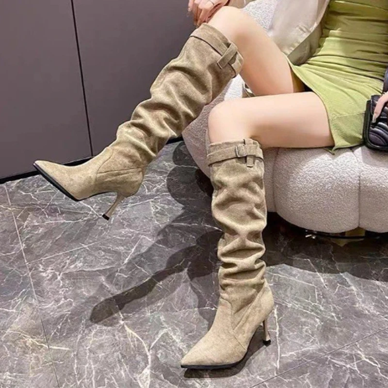 

Sexy Trend Knee High Chelsea Boots 2023 New Women Suede Pointed Toe Winter Shoes Designer Brand Punk Party Pumps Gladiator Boots
