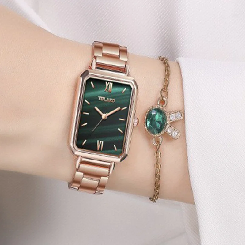 Popular Square Green Steel Band Quartz Casual And Fashionable Women's Watch Can Be Used As A Gift