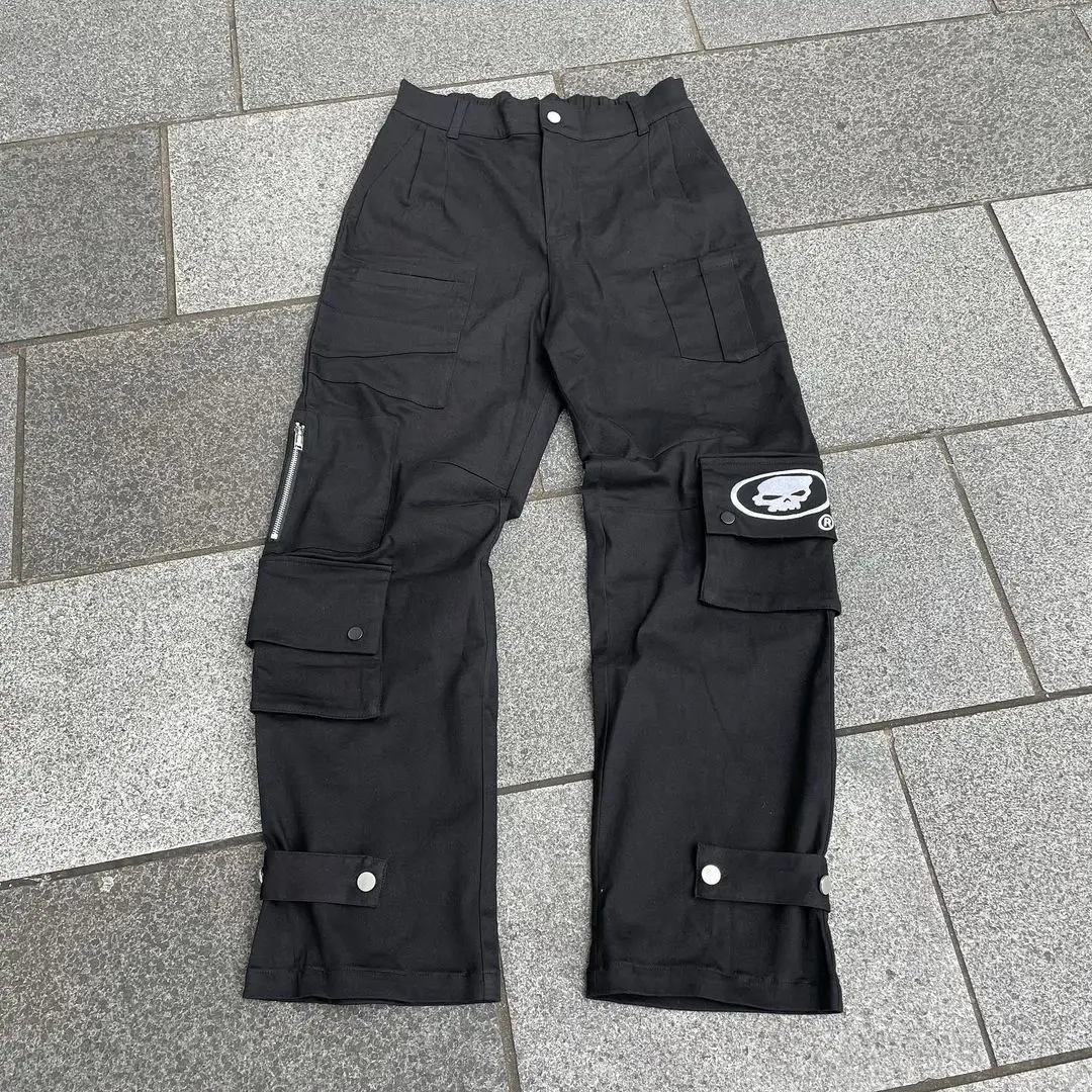 

F GIRLS Y2K Black Retro Skull Printing Cargo Pants Harajuku Streetwear Multiple Pockets Wide Leg Straight Women Loose Jeans