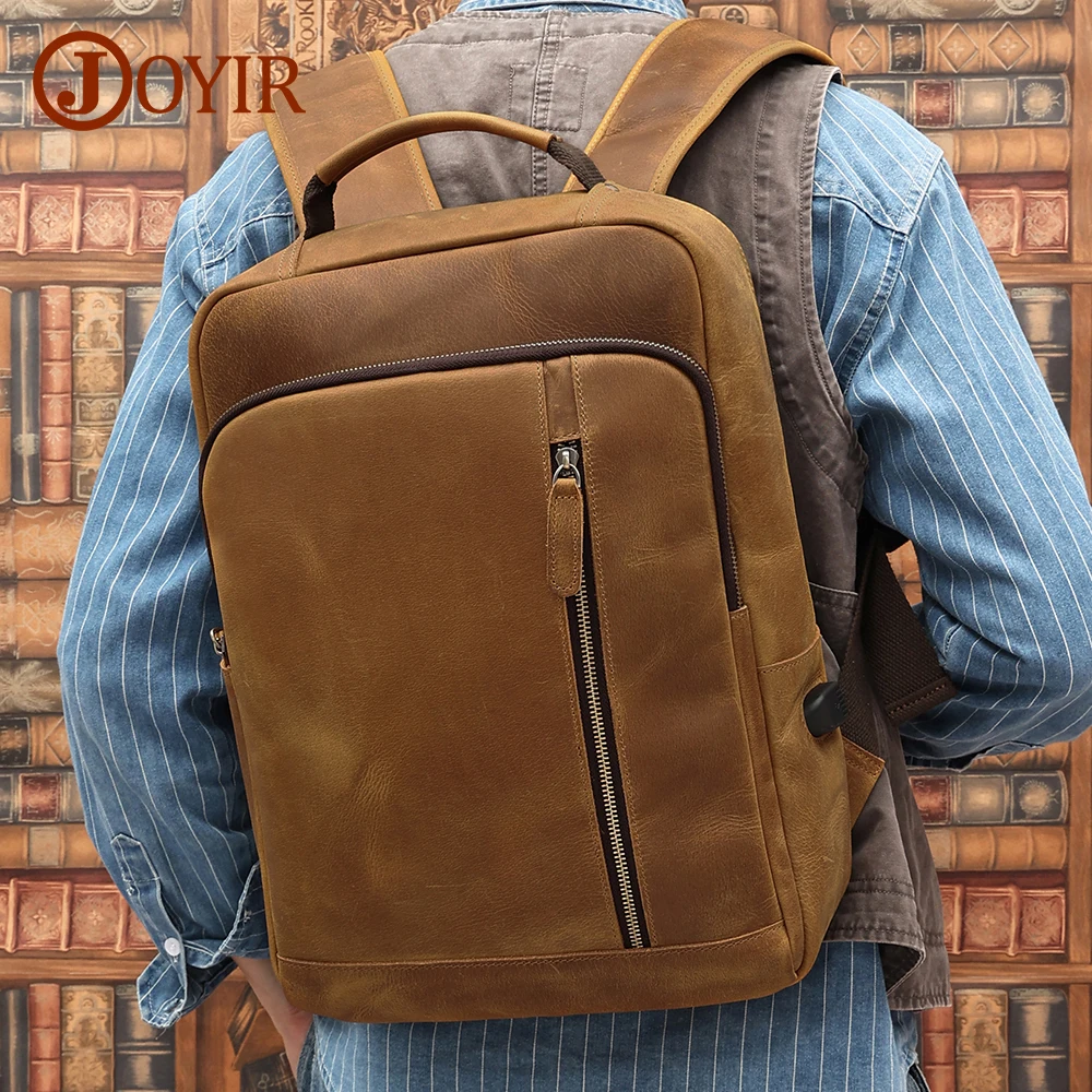 JOYIR Men's Crazy Horse Leather Backpack 15.6inch Laptop Bags Daypack with USB Charging Travel Busniess Rucksack Schoolbag New
