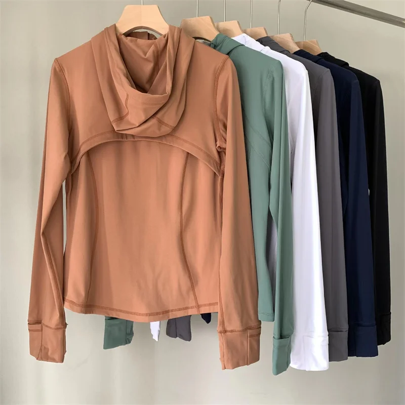 

LU Women Hooded Define Sports Jacket Fitness Autumn Full Zip Running Sweatshirt Female Finger Holes Nylon Stretchy Outdoor Coat